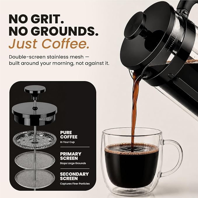 EzDtach French Press Coffee Maker 34oz Black – Borosilicate Glass Pot with 304 Grade Stainless Steel French Press, Double Filter and 2 Extra Screens for Rich, Full-Bodied Flavor at Home or Office