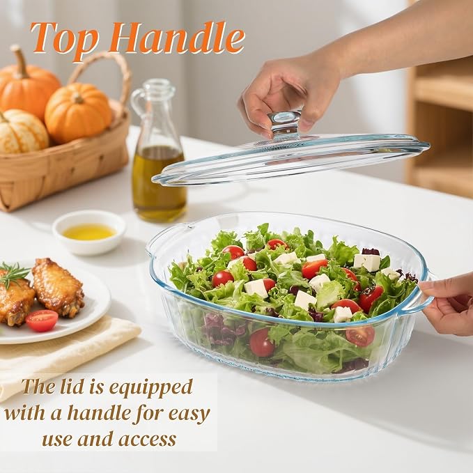 Noamus 2 Pieces 3Qt Glass Casserole Dish with Lid, Extra Large Oval Glass Baking Pan, Heat-Resistant Covered Lasagna Cookware, Clear Deep Food Container, Mixing Bowl for Cooking, Oven&Microwave Safe
