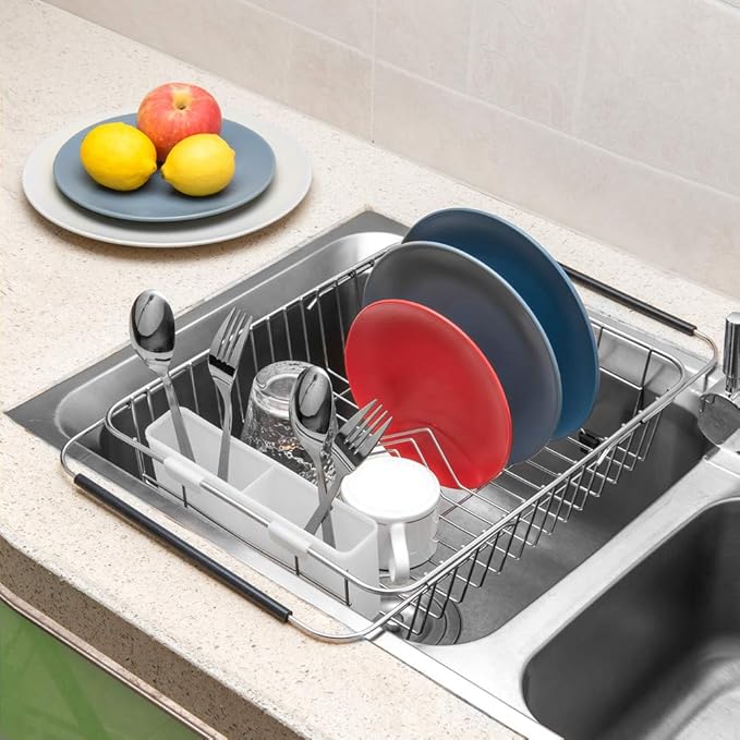 SANNO Dish Drying Rack, Expandable Dish Drainer Over Sink Kitchen Sink Grate Stainless Steel Sink Protector for Kitchen Sink