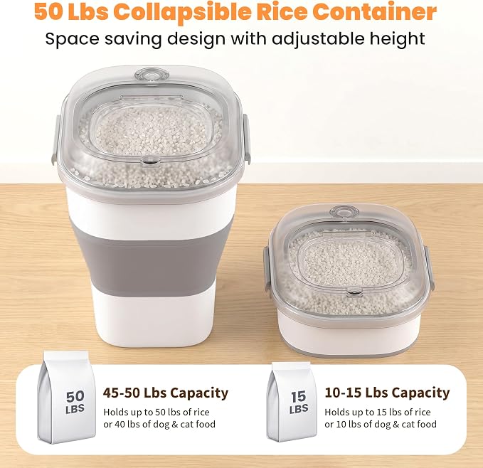 50 Lbs Rice Storage Container with Wheels, Collapsible Airtight Dog Food Storage Container with Transparent Lid, Measuring Cup, Scoop, Handle, BPA Free Rice Holder for Pet Food, Grain, Bird Seed