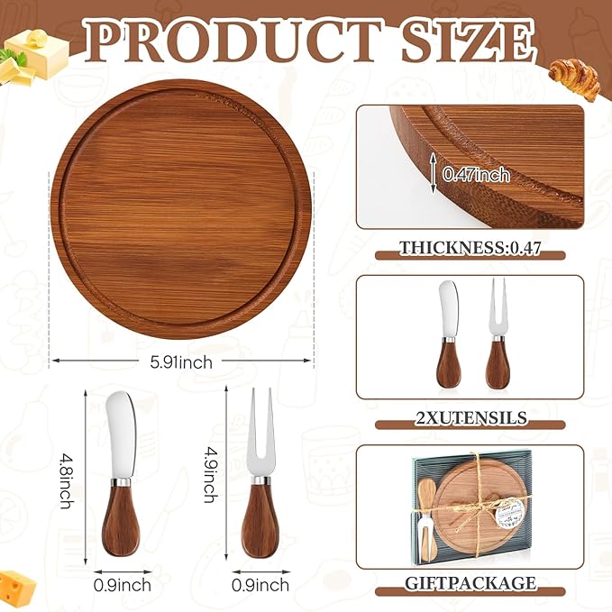 Maxcheck 1 Set Baby Shower Bridal Game Prizes for Winners Round Cheese Board Set Wood Mini Charcuterie Board with Knives and Forks Thank You Card with Gift Box for Guests Wedding (Carbonized bamboo)