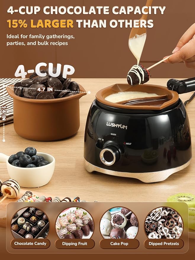 LUSHYUM Electric Chocolate Melting Pot with 2 Insert Pots, 4-Cup Chocolate | Even Heating, Fast Melting, BPA-Free Silicone, Easy Clean, Less Waste, Ideal for Chocolate, Candy Melts, Parties, Fondue