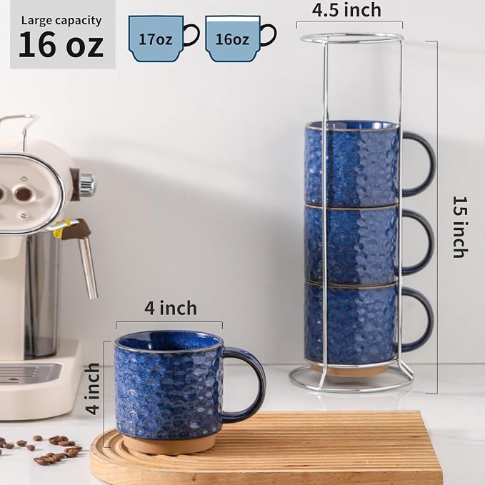 Nihow 16 OZ Ceramic Coffee Mug with Stackable Stand,Set of 4,Blue | Stainless Stand Included, Cappuccino & Tea, Hot/Cold Drinks, Dishwasher & Microwave Safe