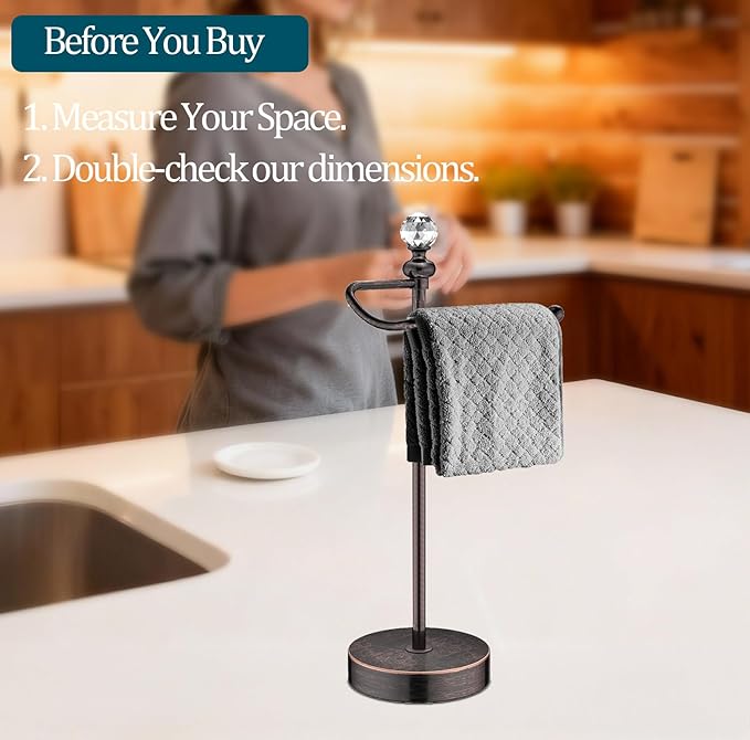 ROLABAM Heavy Weighted Hand Towel Holder(with Crystal Ball) Standing Hand Towel Holder Total Height 15.7'' for Kitchen,Bathroom,Vanity,Classic Decorative Metal Hand Towel Stand,Oil Rubbed Bronze