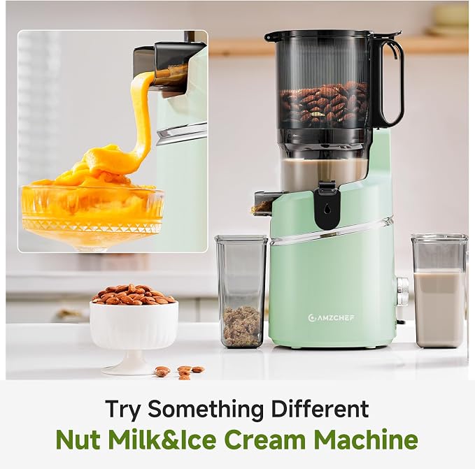 AMZCHEF Cold Press Juicer Machine, 5.8" Wide Chute for Whole Fruits & Vegetables, Self-Feeding Slow Masticating Juicer, 3-in-1 for Juice, Nut Milk & Sorbet, Triple Filtration, Easy Clean