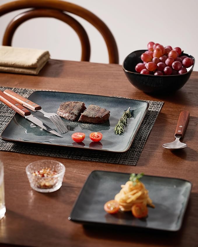 Famiware Stoneware Dinnerware Sets for 4, Ocean Square 12-Piece Kitchen Plates and Bowls Sets, Reactive Glaze, Microwave and Dishwasher Safe, Scratch Resistant, Deep Forest
