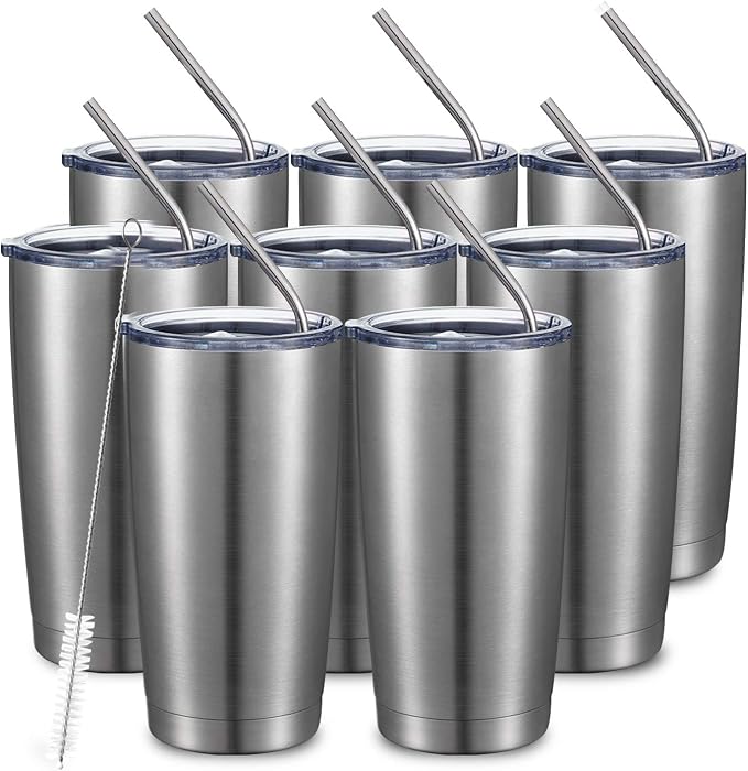 COMOOO 20oz Stainless Steel Tumbler Bulk Double Wall Vacuum Coffee Cup Insulated Travel Mug with Lid and Straw Durable Powder Coated Insulated Coffee Cup for Cold & Hot Drinks (silver, 8 pack
