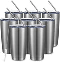 COMOOO 20oz Stainless Steel Tumbler Bulk Double Wall Vacuum Coffee Cup Insulated Travel Mug with Lid and Straw Durable Powder Coated Insulated Coffee Cup for Cold & Hot Drinks (silver, 8 pack