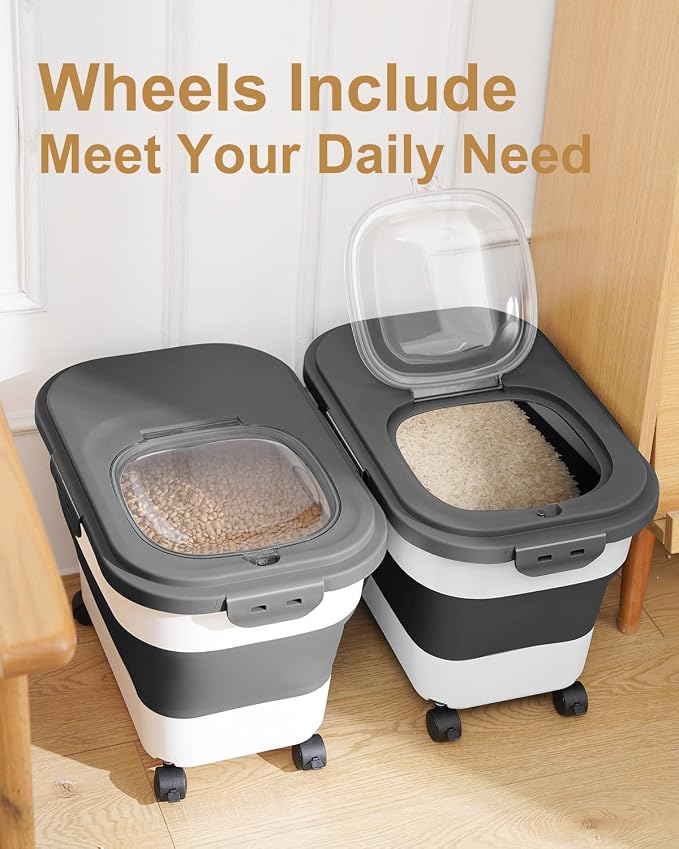 20-30 Lbs Rice Storage Container,Collapsible Food Storage Containers with Rolling Wheel Airtight Locking Lid,Flour Storage Container with Cup and Scoop,Suitable for Food,Rice,Pet Food,Flour