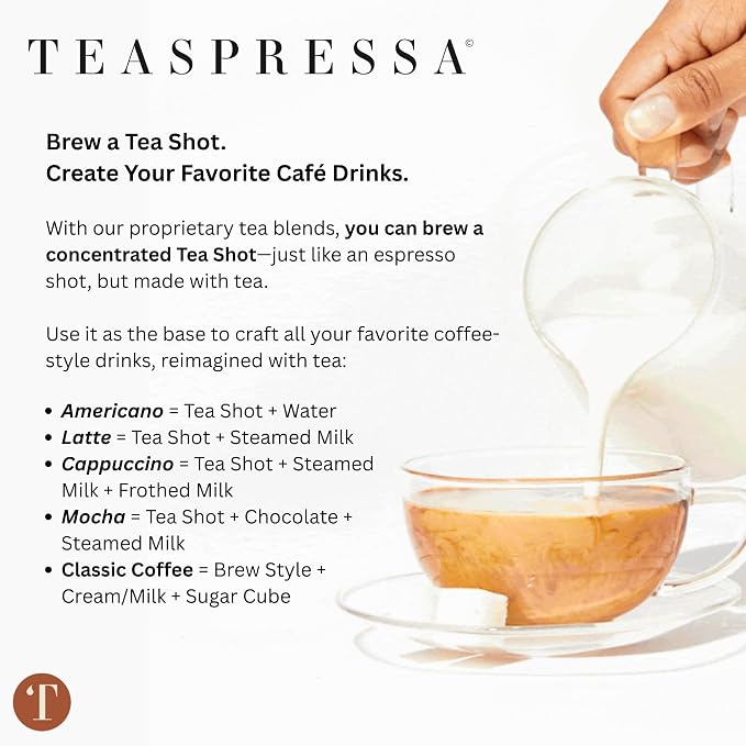 Teaspressa Organic Green Gold Green Tea - Brews Like Espresso - Bold, Rich, Full-Bodied - Naturally Caffeinated - Make Tea Lattes at Home - Vegan & Gluten-Free - Barista Quality - Makes 30 Cups - Great Gift Idea