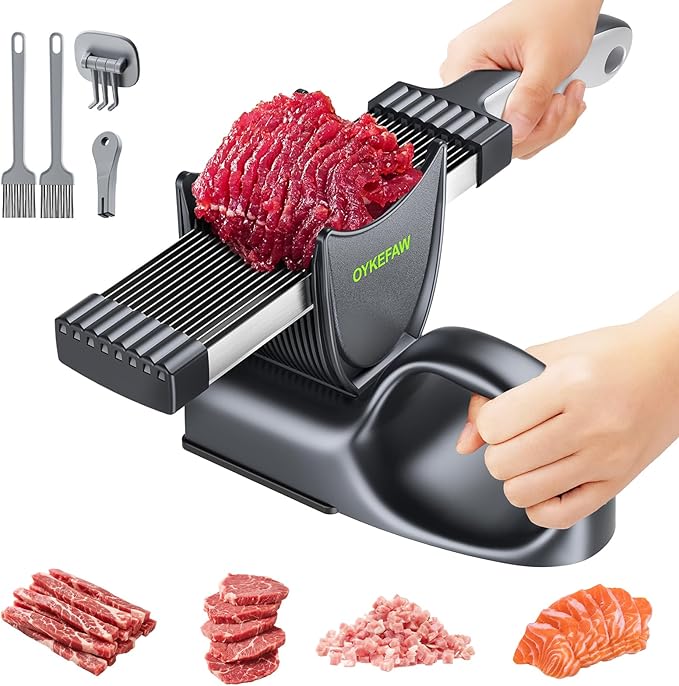 Fresh meat slicer, adjustable thickness, 2 or 4 mm, 17-in-1 stainless steel manual meat slicer, Cleaver Knife,Meat Cleavers can be Sliced, Striped, Diced, for salmon chicken breast beef pork