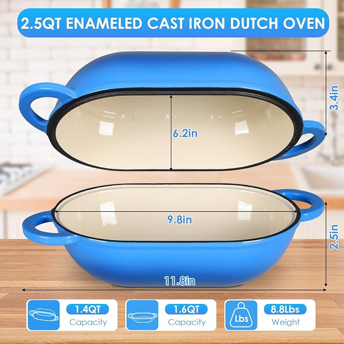 LIFERUN 2.5qt Enameled Cast Iron Dutch Oven for Sourdough Bread Baking, Oven Safe Dutch Oven Pot with Lid, Non-Stick Bread Oven Pot, Blue