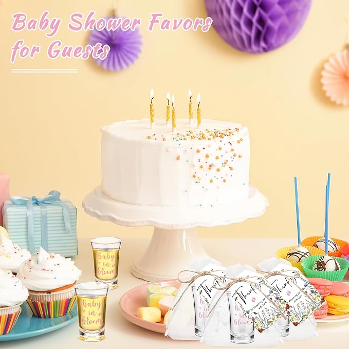 Pickmesh 50 Sets Baby in Bloom Baby Shower Shot Glasses for Guests Include Acrylic Clear Shot Glasses Spring Wildflower Cards Organza Bags Girl Favors for Gender Reveal Party Supplies
