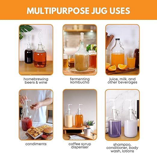 Fastrack 6-Pack Half-Gallon Glass Jug Set (64 oz) w/12 Polyseal Caps & Black Jar Gripper Pad – Multipurpose Half Gallon Jug, & Detergent Dispenser for Laundry, Glass Jar for Liquids, Water & Juice