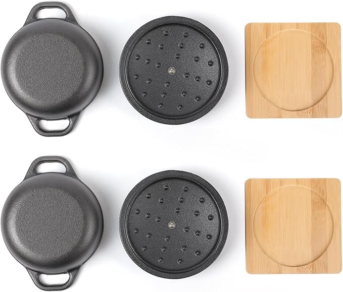 HAWOK Cast Iron Mini Dutch Oven, Dia5.51”, 23oz, with Bamboo Tray, Set of 2, Pre-seasoned