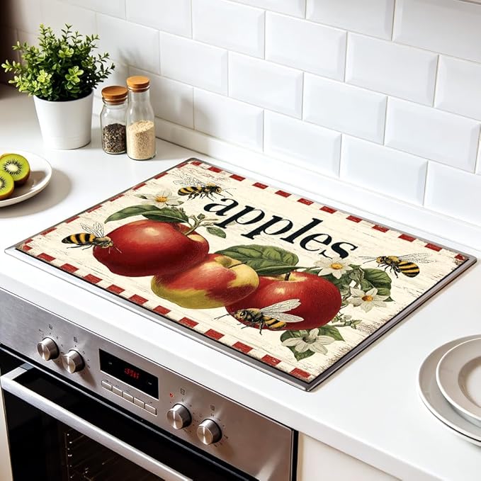 Stove Top Cover for Electric Stove 28.4 x 20.5 Inch Non Slip Stove Mat Oil Proof Apples Bees Glass Cooktop Protector Kitchen Mat