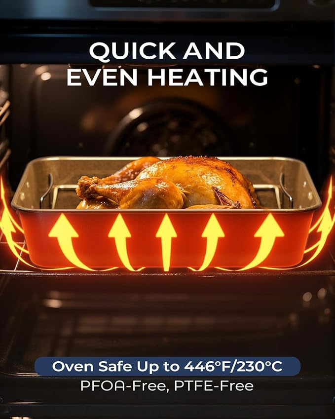 Turkey Roasting Pan with Rack Non stick Carbon Steel Roaster 16x11 Inch, Dishwasher Safe, Deep Baking Broiler Pan for Oven Chicken, Bacon, Black