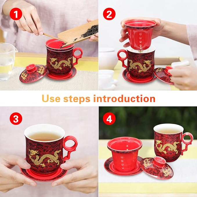 2 Pack - Ceramic Tea Cup with Infuser and Lid Tea Mugs Teaware with Filter and Coaster Porcelain Tea Steeping Mug - 13.5 oz / 400ml