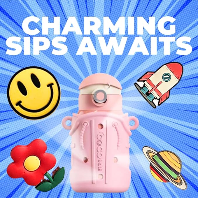 Cocosmile Croc Charm Kids Water Bottle with Silicon Sleeve - Kids Water Bottles for School Boys Girls, Thermal Insulated Stainless-Steel Cup, BPA Free Travel Bottle (Without Straw)
