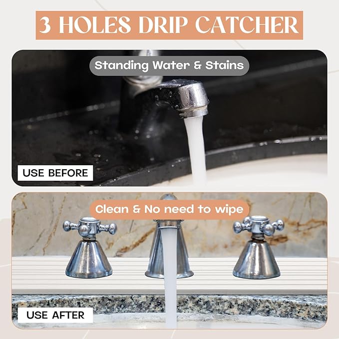 Teenyyou 3 Hole White Faucet Mat for Kitchen Sink Bathroom 16.1" x 5" Kitchen Faucet Absorbent Mat Diatomite Splash Guard Quick Drying Stone Drip Catcher Hole 2.24" Holes Spaced About 1.77 "