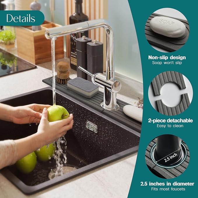 eormoe Diatomite Kitchen Faucet Mat - 14Inch Water Absorbing Stone Tray for Sink, Stone Fast-Drying Faucet Mat for Kitchen Counter Sink Accessories (Dark Grey, 14'' x 3.9'')