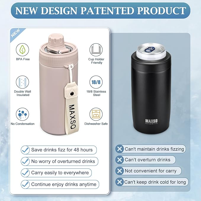 MAXSO Sealed Can Cooler Fizz Lid Can Cover for 12 oz Regular, Slim Skinny Cans & As Thermal Bottle, 4-in-1 Insulated Vacuum Stainless Steel Carbonated Cold Drink Holder - Oat