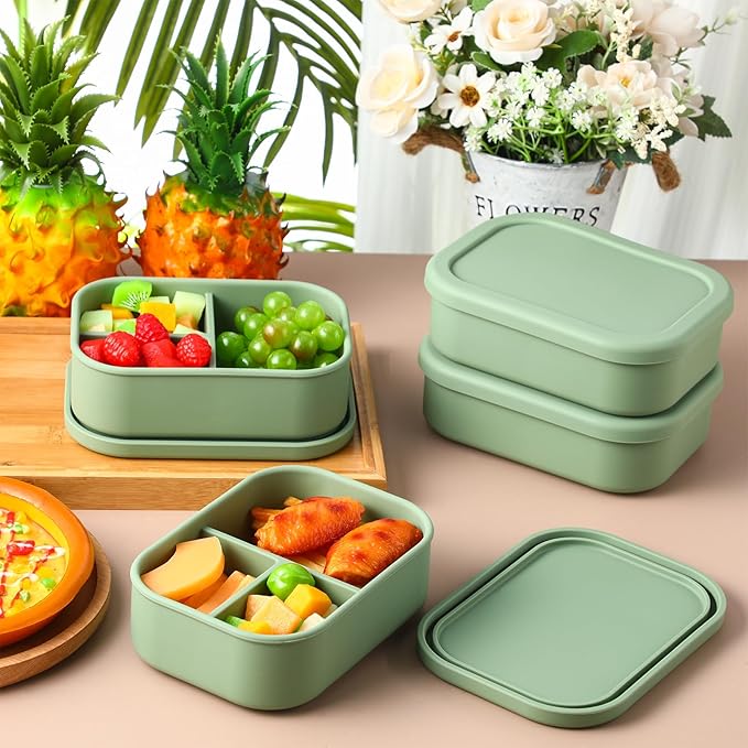Honeydak 4 Pcs Silicone Bento Box for Adults, 3 Compartment Lunchable Food Container for Women Men, Leak Proof Microwave Dishwasher Freezer Safe (Olive Green)