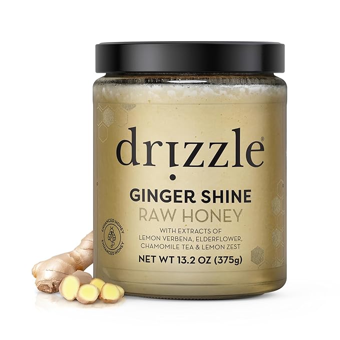 Drizzle Ginger Shine Raw Honey - All Natural Pure Raw Honey with Organic Ginger, Unfiltered & Unheated, Use in Tea & Coffee, Sugar Substitute, Certified Kosher - 13.2 oz Jar (375 g)