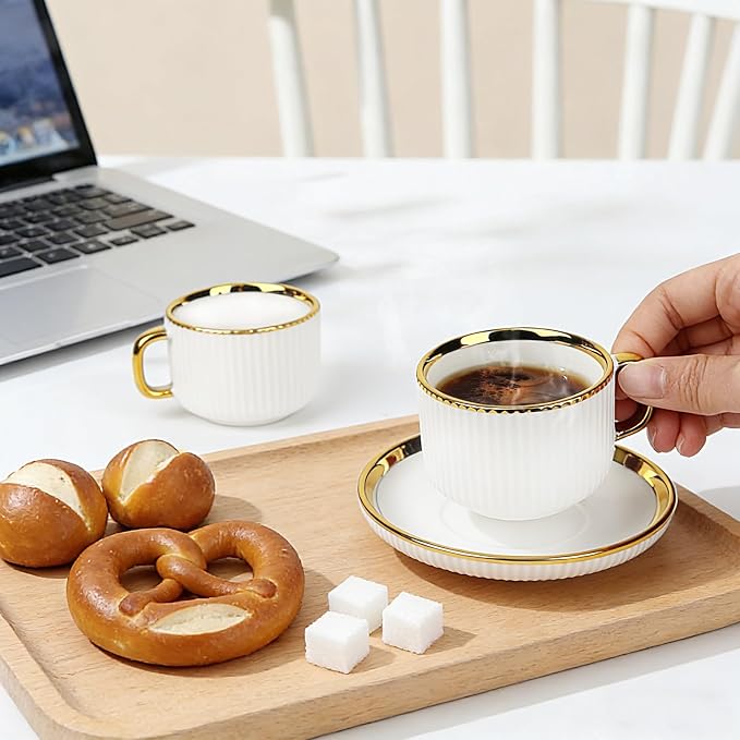 ALIMOTA 3oz White Gold Ceramic Coffee Mug Set of 6, Latte Mugs with Saucers, White Latte Cups and Espresso Mug for Specialty Coffee Drinks, Latte, Cafe Mocha, Tea