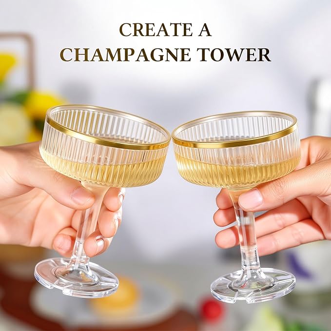 Goodluck 3-Tier Champagne Tower Glasses - 10 PCS 7oz Clear Plastic Champagne Flutes, Plastic Coupe Glasses with Vertical Stripes for Weddings, Celebrations, Parties & Birthdays(Gold Rim)