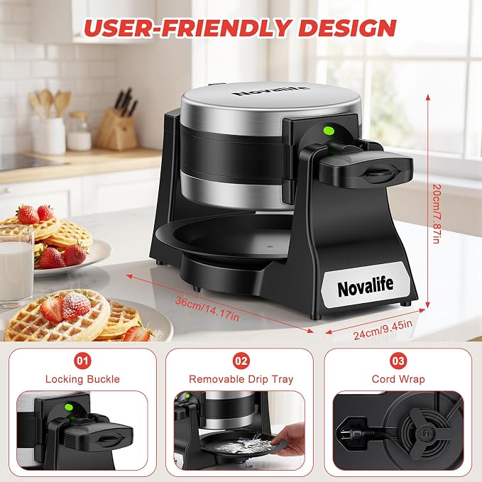 Waffle Maker, 1400W Belgian Waffle Maker, Double Waffle Iron 180° Flip, 8 Slices, Rotating & Nonstick Plates, Removable Drip Tray Easy to Clean, Locking Buckle & Cool Touch Handle