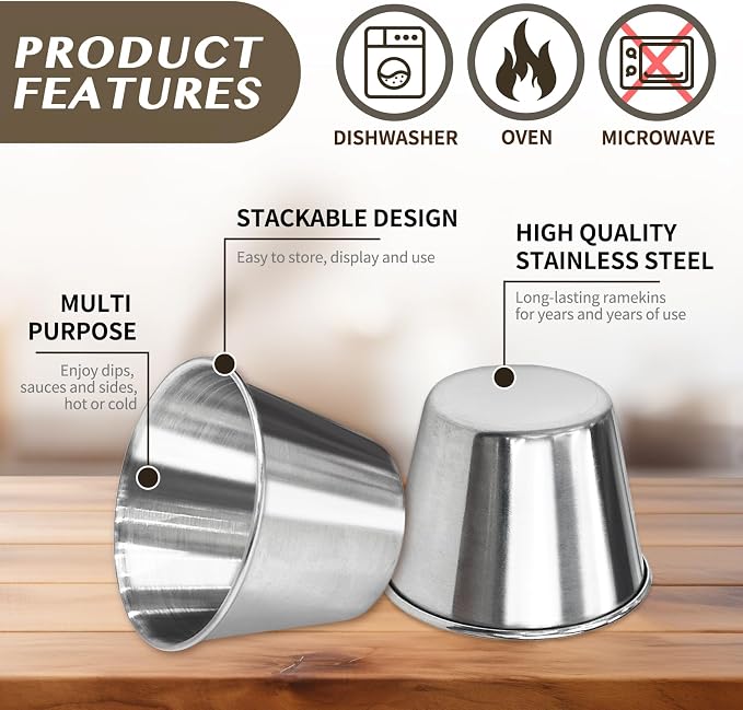 100 Pcs 2.5oz Metal Ramekins Stainless Steel Condiment Cups Reusable Dipping Sauce Cups Bulk Small Sauce Container Stackable Round Dipping Bowls for Dish Butter Kitchen Restaurant Commercial Serving Party Dinner Cooking