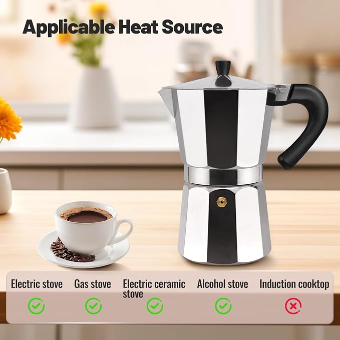 9 Cup Aluminum Moka Pot Classic Stovetop Espresso Coffee Maker 450ml 15oz Coffeemaker Percolator Mocha Pot Greca Coffee Maker Cafe Makers for Italian and Cuban Café Brewing Silver