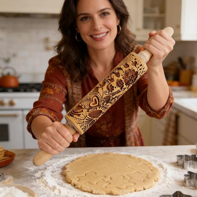 2 Pack Wooden Embossed Rolling Pin with Handles, Hardwood Dough Roller with Engraved Patterns, Kitchen Essential for Baking Pizza, Pies, Pastry, Cookies & Decorative Dough
