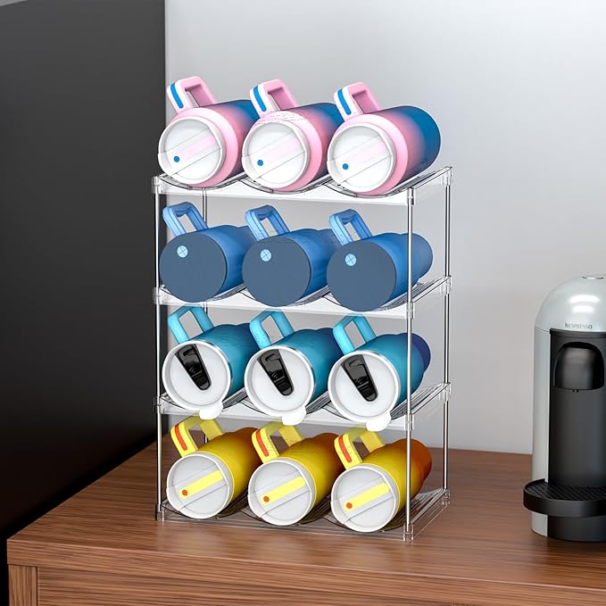 Yieach 4 Tier Stackable Water Bottle Organizer for Kitchen Cabinets,Countertop,Large Compartment Wine Rack and Water Bottle Holder for 40 oz Yeti,Stanley Cup,Waterbottle and Other Tumbler Organizer