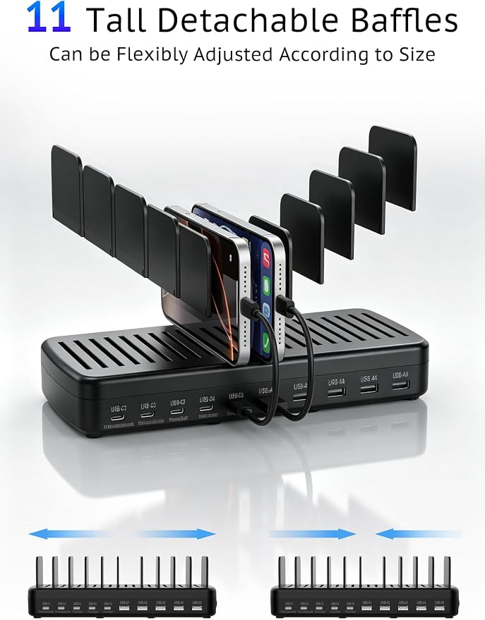 320W Charging Station for Multiple Devices, 10-Port USB Fast Charging Dock Adjustable Dividers & 8 Cables, 65W Laptop Port, Fireproof & Anti-Slip for Office Home Gamers