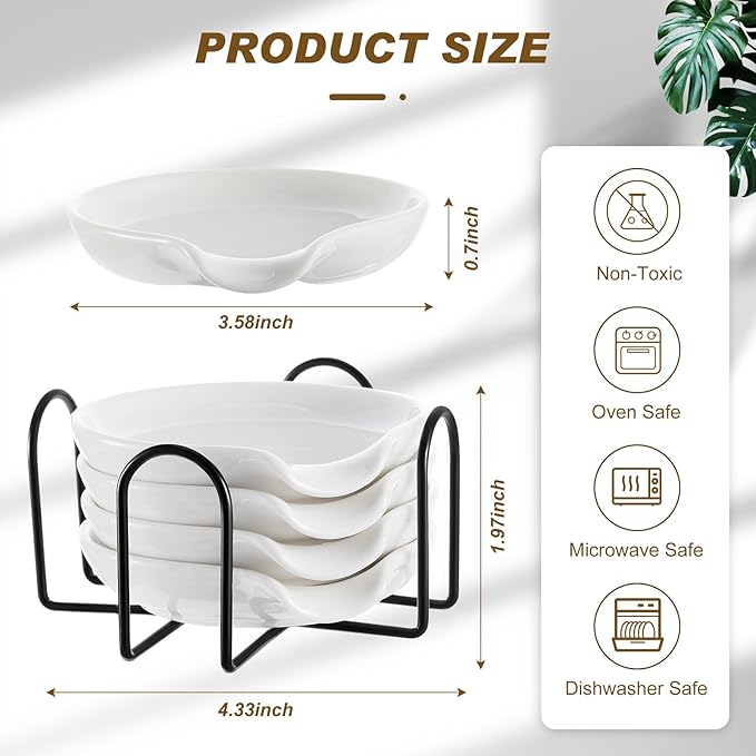 Bokon 8 Pack Ceramic Spoon Rest with Holder, Kitchen Utensil Rest for Stove Top, Dipping Sauce Dishes, Heat Resistant and Dishwasher Safe (White)