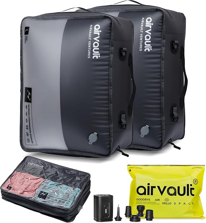 AirVault Reusable Vacuum Compression Travel Bag for Carry-On Suitcase and Backpack, Recycled IPX8 Waterproof Space Saver Vacpack (41L Gray (2-Pack) (Air Pump Included)