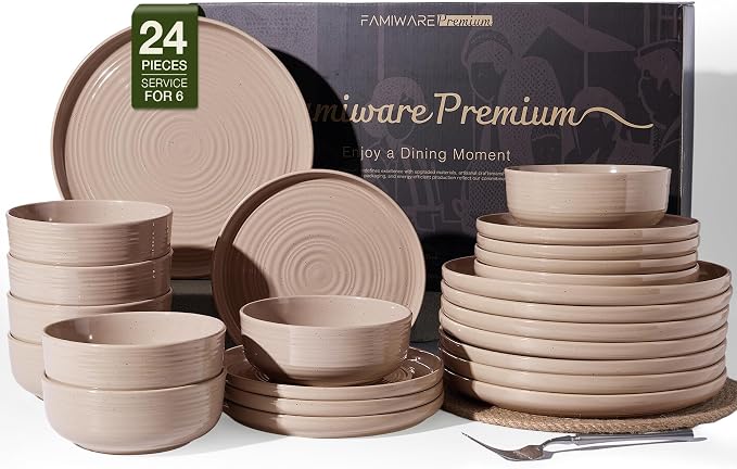 24-Piece Stoneware Dinnerware Sets for 8 - Coupe Plates and Bowls with Speckles & Spirals - Chip & Scratch Resistant, Microwave & Dishwasher Safe - Farmhouse Dishes - Gift Box, Brown