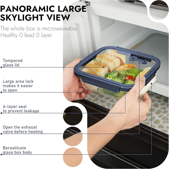 10-Pack Glass Food Storage Containers with Tempered Glass Lids – Borosilicate, Airtight, Oven-Safe (-4°F~950°F), BPA-Free, 4.4 & 1.6 Cup, Leak-Proof, Dishwasher Safe (Blue)