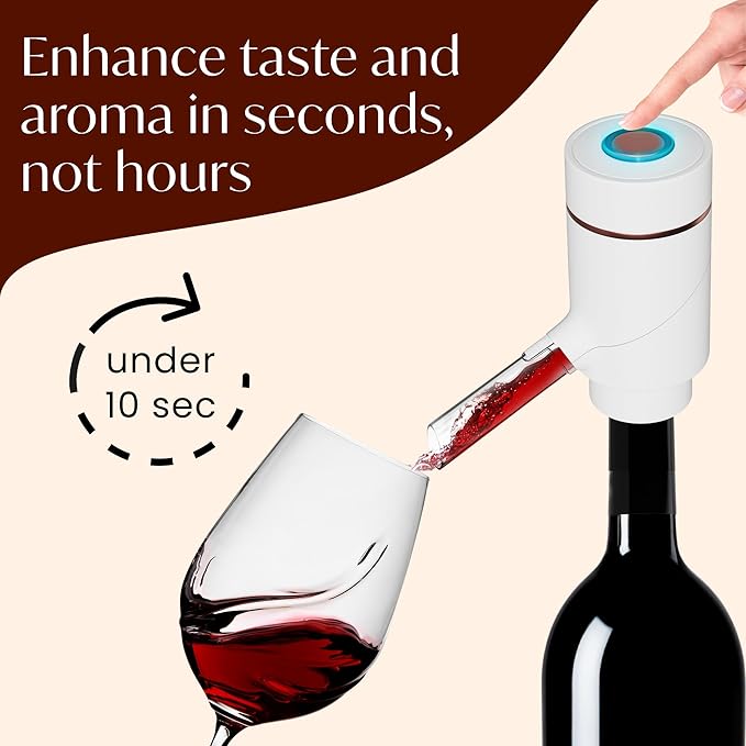 Vin Fresco Electric Wine Dispenser and Red Wine Aerator - One Button Electric Wine Aerator - Built in Wine Pourer Spout Aerator - Pumps and Dispenses Wine, Fits Most Bottles (White & Rose Gold)