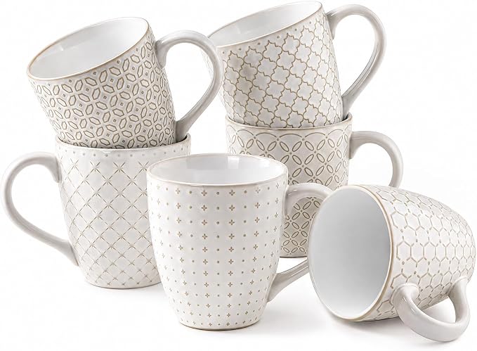DOWAN Coffee Mugs Set of 6, 19 oz Large Mug, Ceramic Embossment Stoneware Tea Cups with Handle for Men Women, Handcrafted Mug Gift Set, Housewarming Wedding Gift