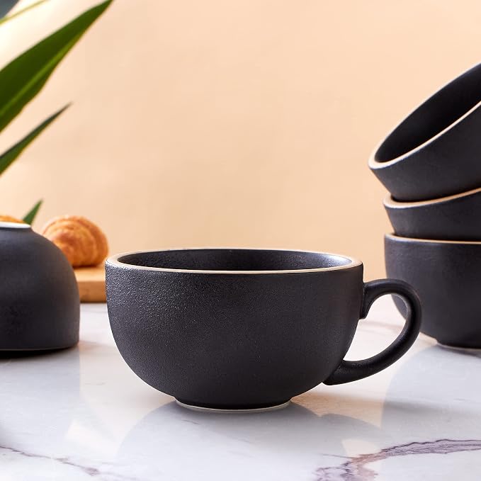 Coffeezone Set of 6 Cups Vintage Design 12 oz Professional Barista Ceramic Latte Art Cappuccino Cups Set (Rough Black * 6)