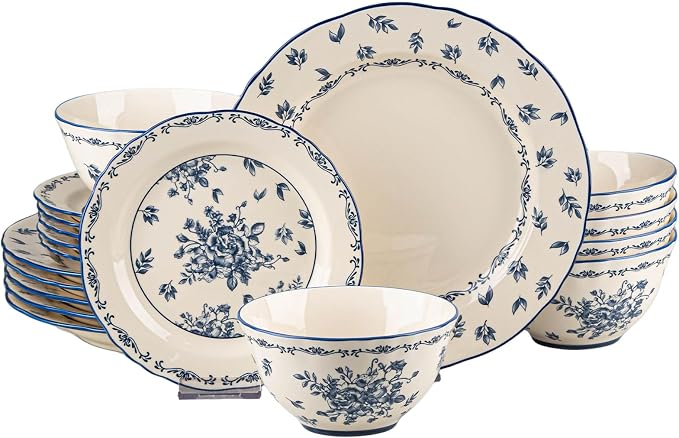 18-Piece Vintage Blue Floral Ceramic Dinnerware Set, Service for 6, Microwave & Oven Safe Plates and Bowls, Porcelain Dish Set for Family Meals