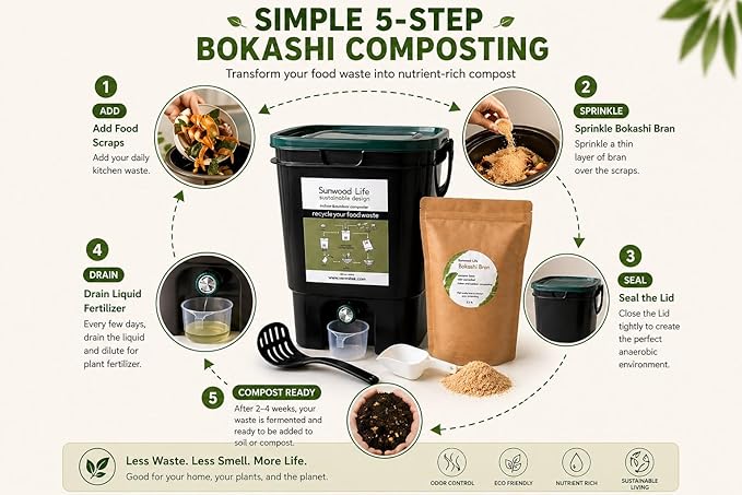 Indoor Bokashi Composter Starter Kit, 2.2 lb Premium Bokashi Bran Included, Easliy Turn Your Kitchen Wastes into Nutrition for Your Garden Soil (Black)