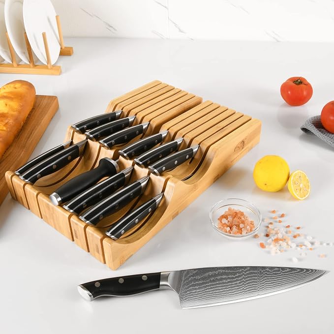 In-Drawer Knife Block with 14 Pieces Japanese Damascus Knives and Sharpener, Bamboo Knife Drawer Organizer with 67-Layer Damascus Steel, Slots for 13 Knives Kitchen Drawer, Counter Top
