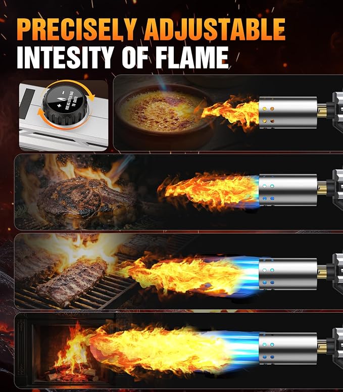 Powerful Propane Torch Gun, Kitchen cooking Torch lighter with Adjustable Flame, Flame Thrower Gun Butane Torch for Searing Steak, BBQ, Campfire, Fireplace (Tank Not Included)(Grey)