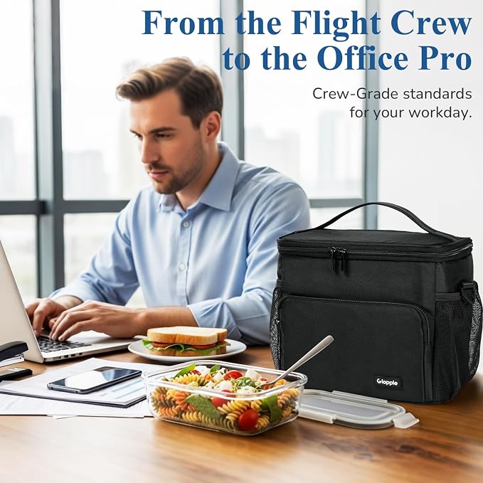 Gloppie Flight Crew Lunch Bag with Luggage Trolley Sleeve - Professional Insulated Cooler Bag for Flight Attendants & Pilots, Leakproof Lunch Box with Reinforced Structure for Travel & Work, Black