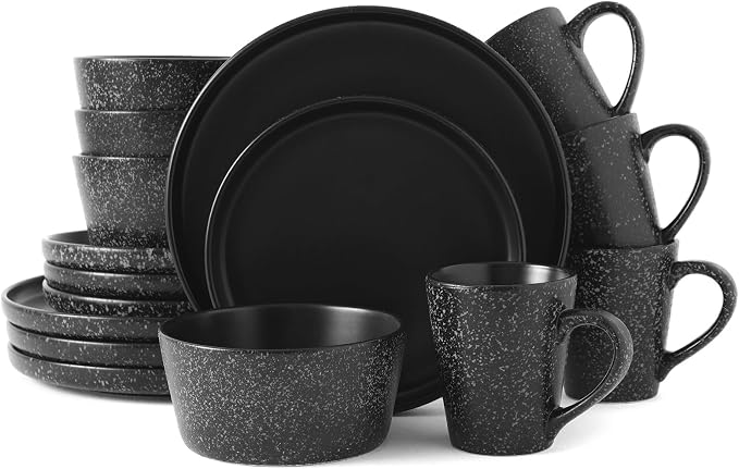 Bestone 16 Piece Round Kitchen Dinnerware Sets,Plates and Bowls sets,Dishes, Dinner Plates, Cereal Bowls Set，Bowls, Mugs, Dish Set，Plates and Bowls,Service for 4, Stoneware Dinnerware,Black matte