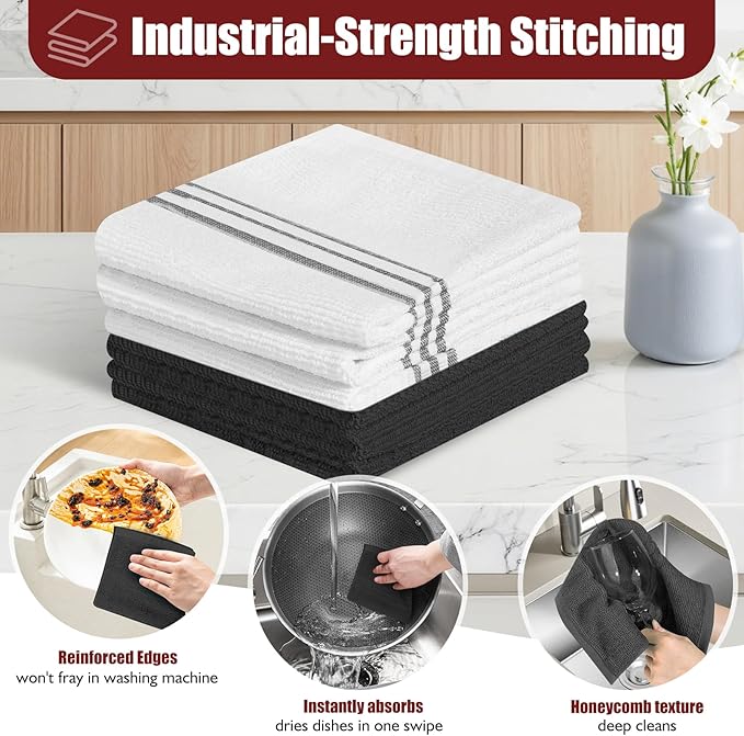 Oven Mitts and Pot Holder Sets with Silicone Grip, 500°F Heat Resistant-6 Pack Dishcloth/Dish Towels for Kitchen 100% Cotton-Value Kitchen Essentials for Cooking, Baking, Grilling-Black